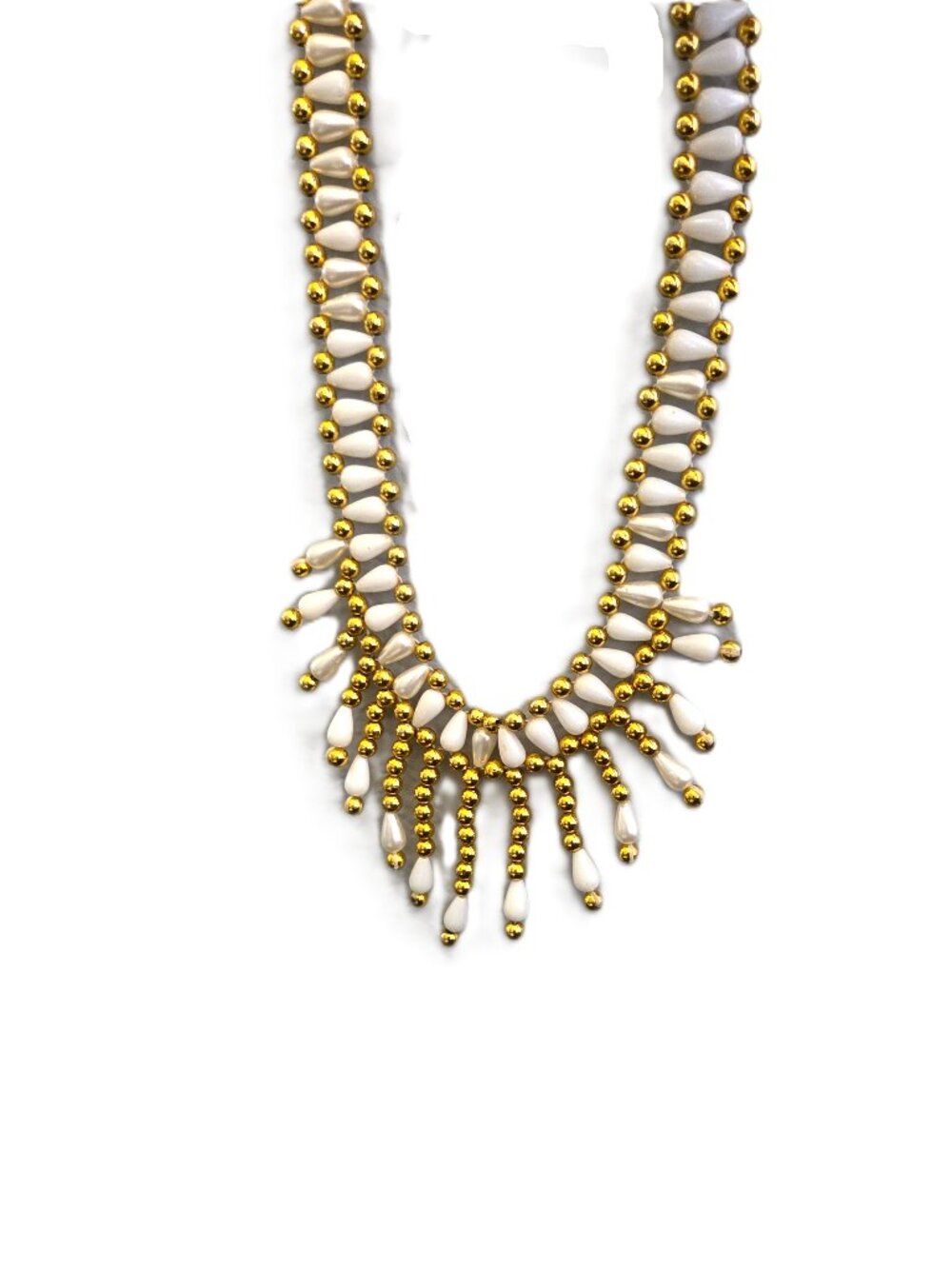 Vintage Gold Tone White Bead 18" Statement Necklace Chunky Fashion